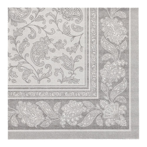 Quadratische Serviette aus der ROYAL-Kollektion der PAPSTAR GmbH, 40x40 cm, mit einem detaillierten, symmetrischen Blumen- und Paisleymuster in Hellgrau und Weiß und einer verschnörkelten, sich wiederholenden Blumenborte. Die Packung enthält 20 Servietten, 1/4-fach gefaltet.
