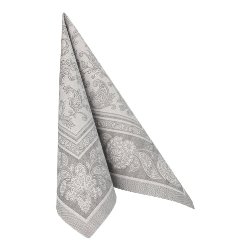 Ein einzelnes graues PAPSTAR 20 Servietten "ROYAL Collection" 1/4-Falz (40x40 cm) der PAPSTAR GmbH ist zu einem Dreieck gefaltet und steht aufrecht auf einem weißen Hintergrund, ideal für eine elegante Tischdekoration.