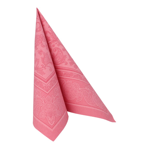 Die PAPSTAR 20 Servietten "ROYAL Collection" 1/4-Falz (40x40 cm) von PAPSTAR GmbH in Rosa, mit elegantem Paisleymuster, sind sauber gefaltet und ideal für eine stilvolle Tischdekoration.