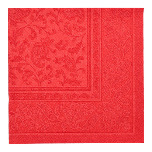Die PAPSTAR GmbH 20 Servietten "ROYAL Collection" 1/4-Falz (40 x 40 cm) sind quadratische rote Premium-Gewebeservietten mit geprägtem Blumen- und Paisleymuster, die jeden gedeckten Tisch elegant aufwerten.