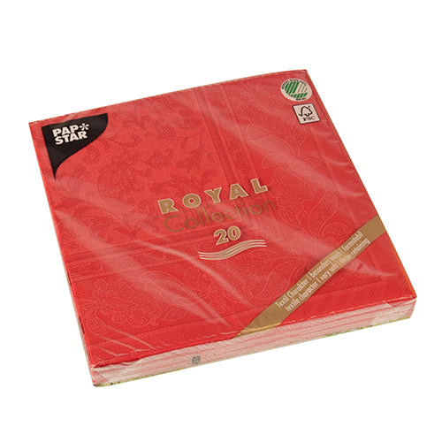 Eine Packung roter PAPSTAR 20 Servietten "ROYAL Collection" 1/4-Falz (40x40 cm) der PAPSTAR GmbH, verpackt in transparentem Kunststoff mit Zertifizierungslogos oben rechts und einem schwarzen Logo oben links.