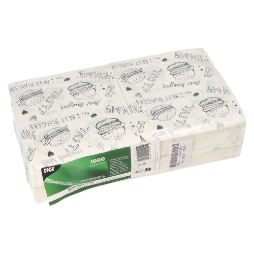 Die 1000 Hamburger-Tüten der PAPSTAR GmbH sind fettdichte Papiertüten, die sich ideal als Pergamentersatz für Burger oder Snacks eignen, mit zeitungsähnlichem Dekor und verpackt in klarem Kunststoff mit grün-weißem Etikett.