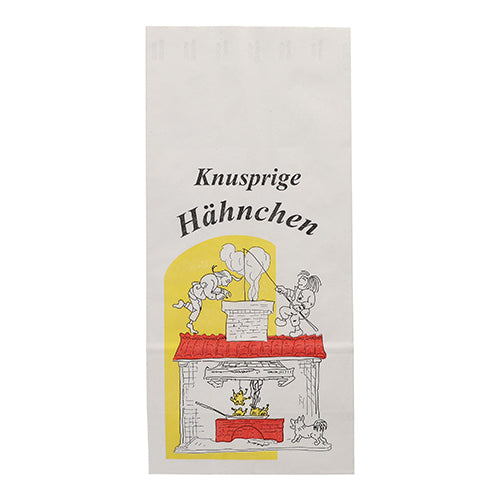 A Starpak 100 Hähnchenbeutel aus Papier mit Alu-Einlage, weiß, mit "Knusprige Hähnchen" in Deutsch, Cartoon von Menschen am Feuer und Hund sowie Huhn darunter, gelber Hintergrundakzent.
