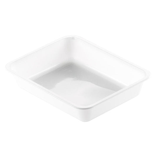 Die CPET-Schale 1 Weiß CPET der Duni GmbH ist eine rechteckige, weiße, hitzebeständige Lebensmittelschale mit glatten Kanten und flachen Seiten, ideal für Gastronomieverpackungen, abgebildet auf einem schlichten weißen Hintergrund.