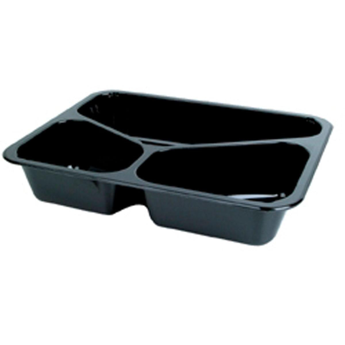 Die CPET-Schale 3 Schwarz CPET 225x175x43 von Duni GmbH ist eine schwarze Schale mit drei Fächern, ideal als Lebensmittelverpackung für Mahlzeiten. Abgebildet leer vor einem weißen Hintergrund. Verkauft in Packungen mit 300 Stück.
