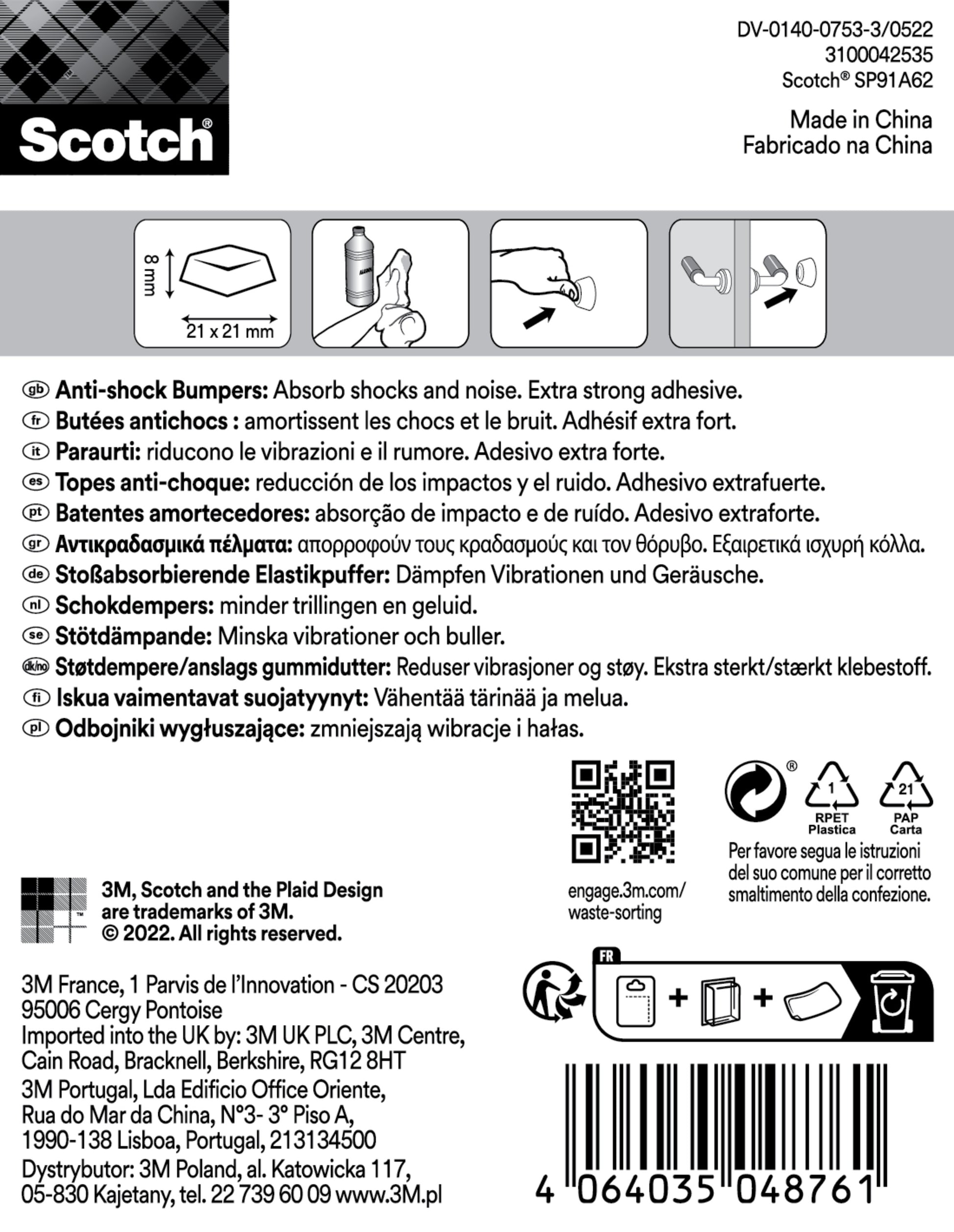 Scotch® Stoßabsorbierende Elastikpuffer für Wände SP91A62 (21 x 21 mm, transparent, 6/Packung) von 3M Deutschland GmbH: Verpackung mit mehrsprachigen Produktdetails, Anwendungssymbolen, Barcode und Recyclinghinweisen. Anti-Schock-Anleitung enthalten.
