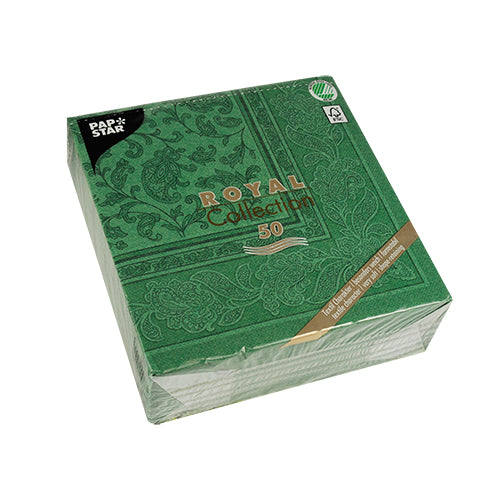 Eine grüne Packung PAPSTAR 50 Servietten "ROYAL Collection" (1/4 Falz, 40x40 cm) der PAPSTAR GmbH, verziert mit goldfarbenem Text - die perfekten Servietten für festliche Anlässe.