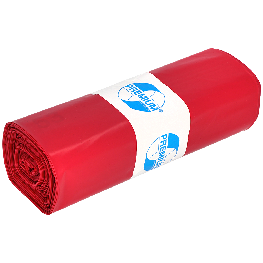 Ein gerolltes Bündel roter EMIL DEISS KG 11702 Müllsäcke (Typ 100, 575x1000 mm, 25 Stück) mit einem weißen "Premium"-Etikett in blauer Schrift; ideal für Werkstatt Baustelle. Das Produkt ist auf einem einfarbigen, hellen Hintergrund abgebildet.