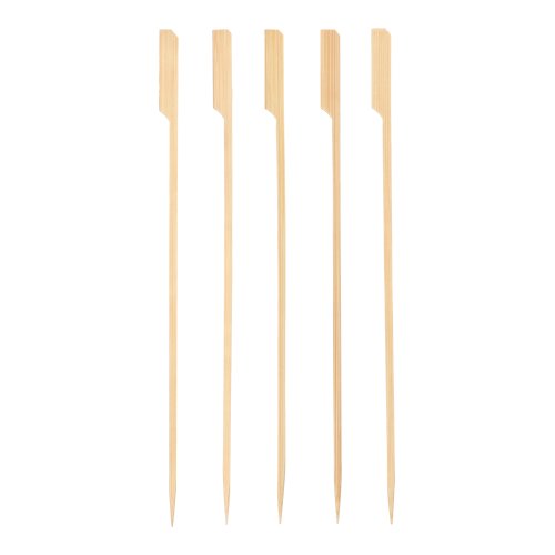 Fünf PAPSTAR 150 Grill-Spieße „pure“ 25 cm „Golf“ aus Bambus von PAPSTAR GmbH stehen mit spitzem Ende und paddelförmigem Kopf aufrecht nebeneinander – nachhaltig gefertigt, vor weißem Hintergrund angeordnet.
