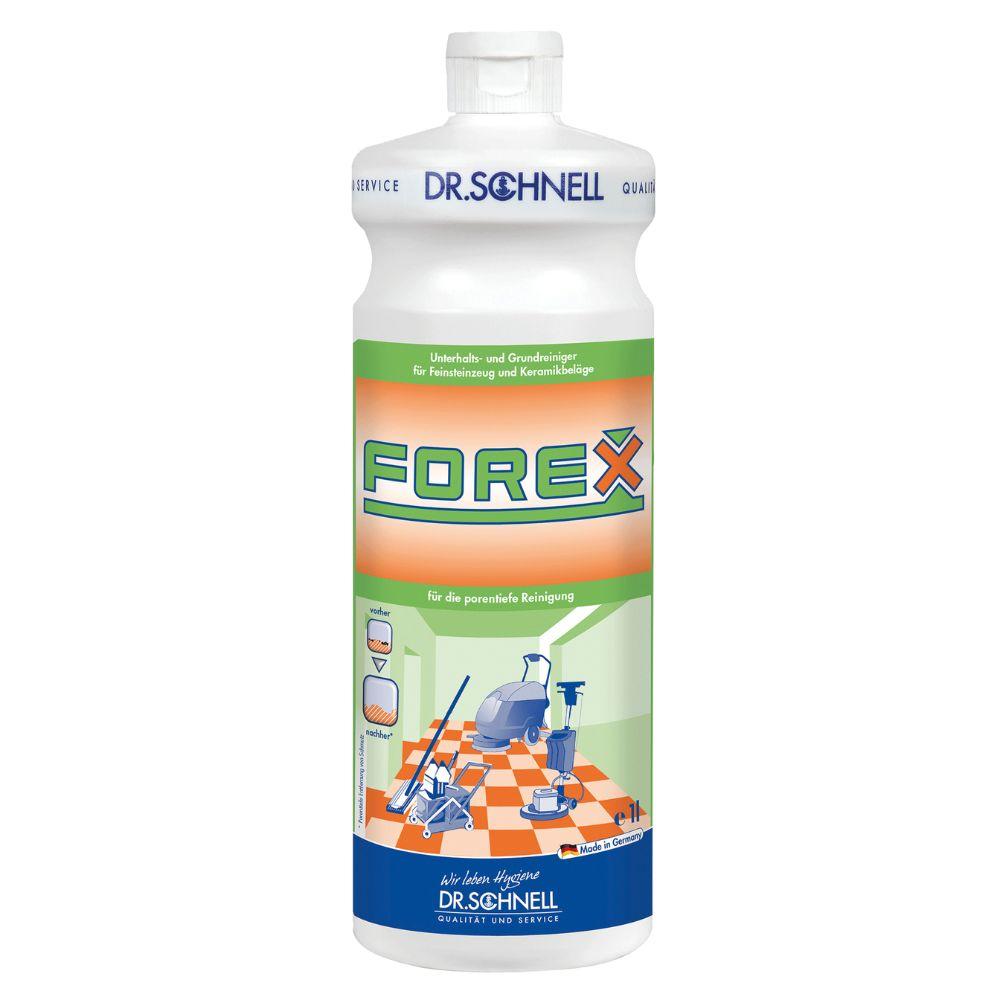 Eine weiße Flasche Dr. Schnell FOREX Alkalischer Unterhalts- und Grundreiniger von DR.SCHNELL GmbH & Co. KGaA, mit grün-orangefarbenen Etiketten mit Bildern von Reinigungsgeräten und deutschem Text. Geeignet für Feinsteinzeug und keramische Fliesen.