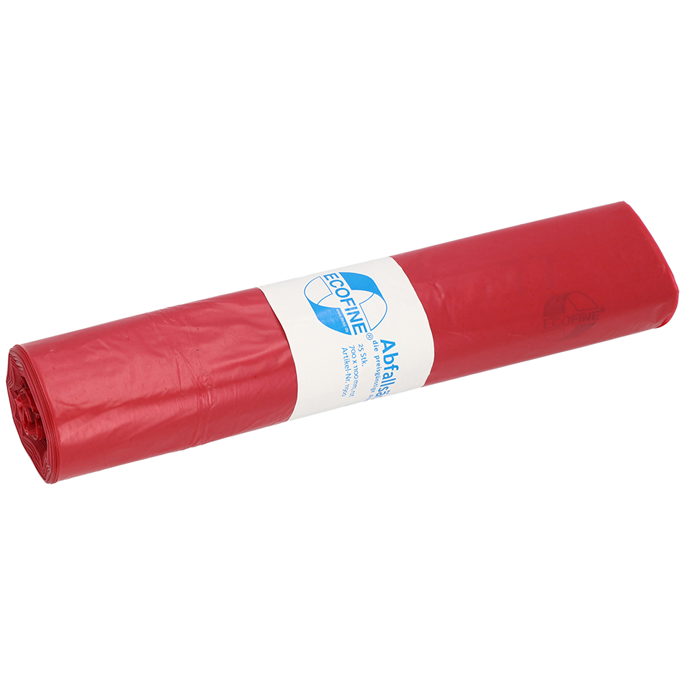 Eine Rolle EMIL DEISS KG (GmbH + Co.) DEISS Abfallsäcke 700x11000 mm, 120 l aus Recycling-LDPE/LLDPE, in rot, jeder Sack verpackt mit einem weißen Etikett mit blauem Text und Logos.