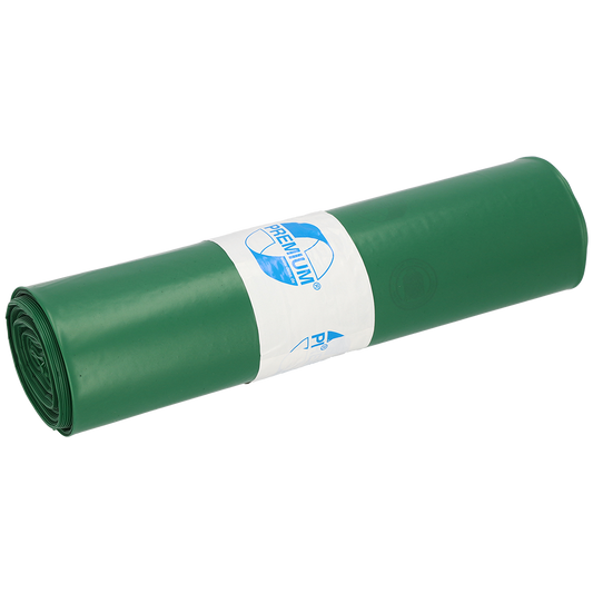 Ein dicht gerolltes Bündel grüner Müllsäcke (25 Stück pro Rolle) der EMIL DEISS KG (GmbH + Co.) DEISS 12004 - 700x1100x0,07 mm ist mit einem weißen Etikett mit blauem Text und Logo umwickelt, das auf weißem Hintergrund abgebildet ist.