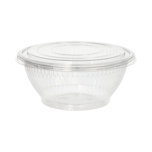 Die Starpak 50 Salatschalen sind eine runde, transparente Salatschüssel aus umweltfreundlichem R-PET mit dezenten vertikalen Rillen und passendem Deckel. Die leere Starpak-Schüssel ist vor einem schlichten weißen Hintergrund abgebildet.