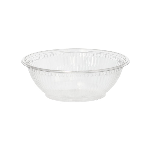 Die Starpak 50 Salatschalen sind eine transparente, runde Salatschüssel aus umweltfreundlichem R-PET mit leicht ausgestellten Seiten und gerippter Außenseite. Sie sind leer vor weißem Hintergrund abgebildet. Marke: Starpak.