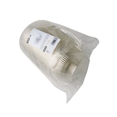 In einer durchsichtigen Plastiktüte befindet sich ein Stapel von 50 Starpak-Salatschalen, runden, glasklaren Tellern aus R-PET mit einem weißen Etikett auf dem oberen Teller für einen umweltfreundlichen Touch.