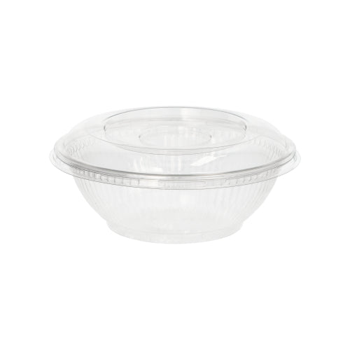 Die Starpak 50 Salatschalen, R-PET rund glasklare Lebensmittelbehälter und Deckel von Starpak sind aus klarem, umweltfreundlichem Kunststoff – ideal für Salate und die Aufbewahrung von Lebensmitteln, abgebildet auf einem schlichten weißen Hintergrund.