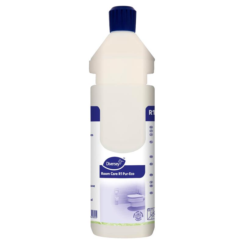 Eine weiße Room Care R1 Plus Flasche aus Kunststoff, leer von Diversey Deutschland GmbH & Co. OHG, mit blauem Verschluss und blau-weißem Etikett mit Text und Symbolen.