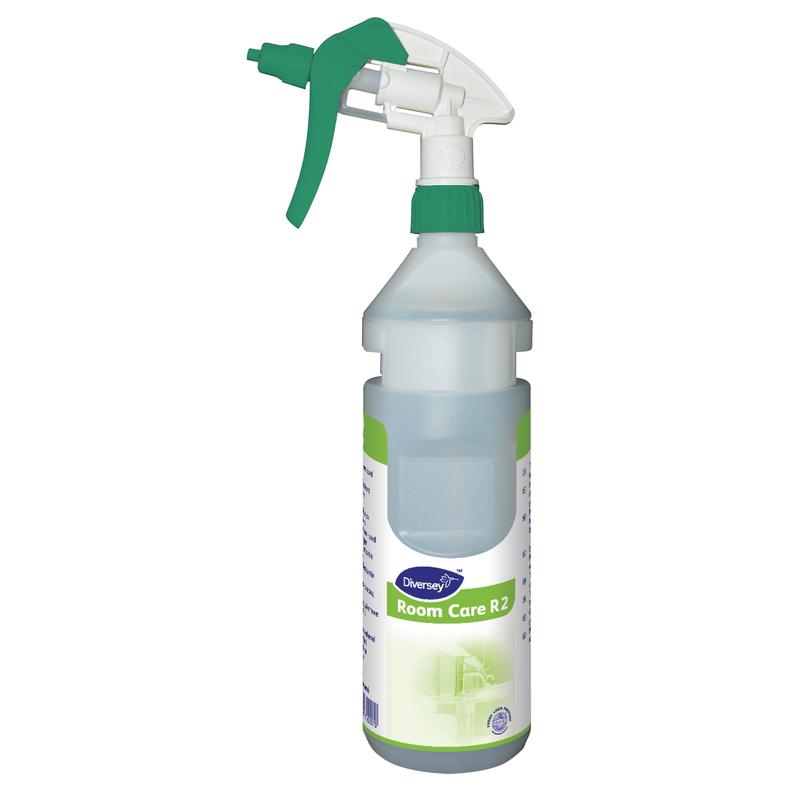 Die Room Care R2 Plus Sprühflasche, leer von Diversey Deutschland GmbH & Co. OHG ist eine transparente Flasche mit grün-weißem Sprühkopf – ideal für den Haushalt.