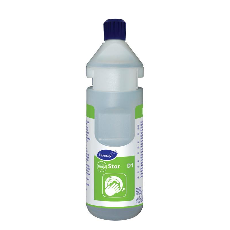 Das Flaschenkit Suma Star-plus D1 plus (0,75l) von Diversey Deutschland GmbH & Co. OHG ist eine Nachfüllflasche mit Spenderband, geeignet für Divermite- und DQFM-Systeme. Erhältlich in Kartons mit 6 Flaschen.