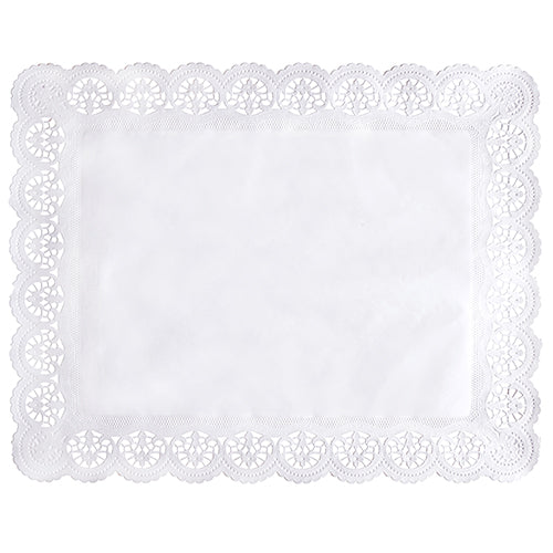 Das PAPSTAR 100 Spitzenpapiere eckig, weiss der PAPSTAR GmbH ist ein rechteckiges weißes Deckchen mit einer schlichten Mitte und einem verzierten Spitzenrand mit Kreis- und Fächermotiven.