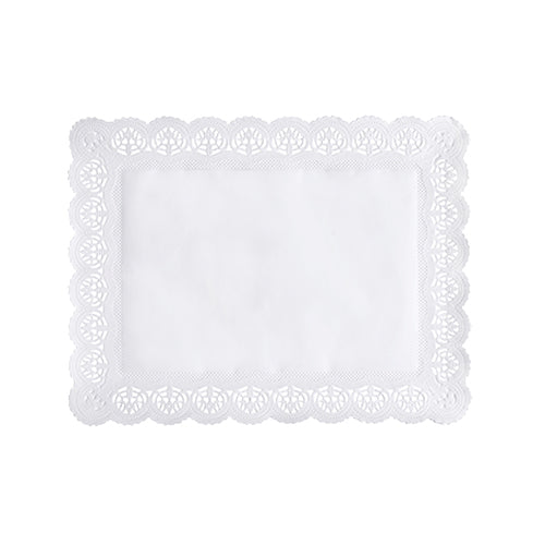 Die PAPSTAR 100 Spitzenpapiere eckig, weiss von PAPSTAR GmbH zeigen sich rechteckig mit spitzenähnlichem, gewelltem Rand und solidem Zentrum auf schlicht weißem Hintergrund.