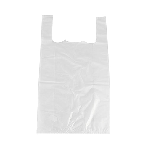 Die Starpak 500 Hemdchen-Tragetaschen (HDPE, 48x27x12 cm, weiß) heben sich flach auf einem weißen Hintergrund ab und heben ihre Falten und Griffe hervor – ideal für leichte Gegenstände. Packung enthält 500 Stück.