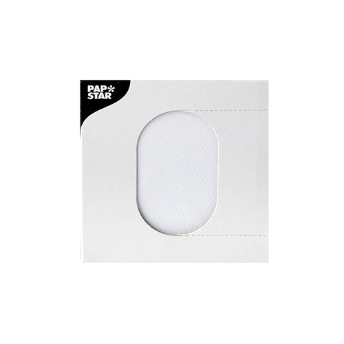 Auf der weiß-schwarzen Faltschachtelverpackung (500 Stück) der PAPSTAR GmbH ist vor einem schlichten, weißen, gastronomisch geeigneten Hintergrund eine weiße runde Serviette (Ø 8,5 cm) vom Typ PAPSTAR 500 Tropfdeckchen durch eine ovale Aussparung teilweise sichtbar.