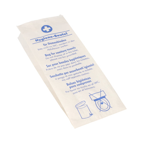 Die PAPSTAR 200 Hygienebeutel (28 x 11 x 5,5 cm, weiß, bedruckt) der PAPSTAR GmbH sind mehrsprachig beschriftete Hygienebeutel mit illustrierten Entsorgungshinweisen. Die Packung enthält 200 Stück und ist in hygienischer Schrumpffolie verpackt.