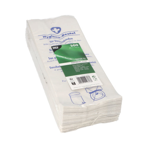 Ein Stapel PAPSTAR 200 Hygienebeutel (28x11x5,5 cm), weiß bedruckt in Schrumpffolie mit Branding und grünem Etikett für 200 Stück, von PAPSTAR GmbH.