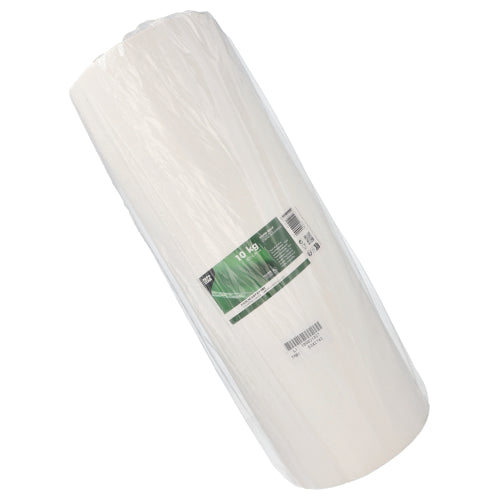 Eine Großrolle PAPSTAR 10 kg Einschlagpapiere, Cellulose weiss der PAPSTAR GmbH ist in einer Klarsichtverpackung mit einem grün-weißen Produktetikett auf der Vorderseite verpackt.