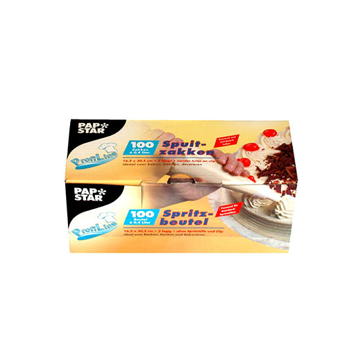 Eine Schachtel PAPSTAR 100 Spritzbeutel (0,4L, 30,5 x 16,2 cm), transparent und extra stark, perfekt zum Backen und Dekorieren; enthält 100 Spritzbeutel in einer Faltschachtel der PAPSTAR GmbH.