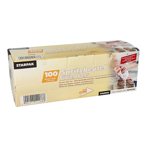 Eine Schachtel mit transparenten Spritzbeuteln Starpak 100 von Starpak enthält 100 transparente Einwegbeutel. Auf der Vorderseite sind Produktdetails und ein Bild von Händen zu sehen, die mit einem Spritzbeutel Gebäck verzieren.