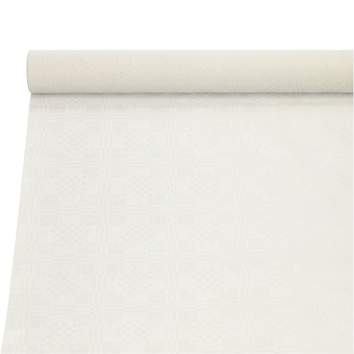 Das Papiertischtuch mit Damastprägung (10 m x 1 m) der PAPSTAR GmbH ist teilweise ausgerollt auf weißem Untergrund abgebildet und weist ein dezentes, helles, quadratisches geometrisches Muster auf.