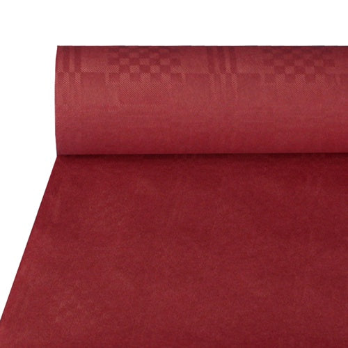 Das Papiertischtuch mit Damastprägung (50 m x 1 m) der PAPSTAR GmbH in Rot mit dezentem Karomuster wird teilweise ausgerollt und flach präsentiert – ideal für festliche Anlässe.