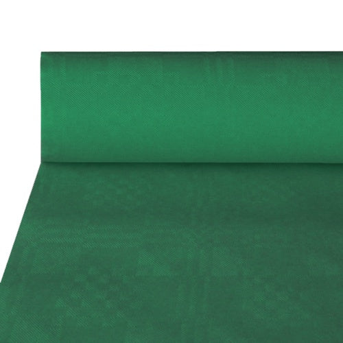 Ein teilweise abgerolltes PAPSTAR Papiertischtuch mit Damastprägung (50 m x 1 m) der PAPSTAR GmbH zeigt sein elegantes Muster, perfekt für festliche Anlässe und eine gehobene Tischdekoration.