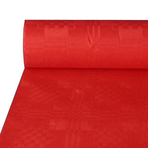 Das Papiertischtuch mit Damastprägung (50 m x 1 m) der PAPSTAR GmbH verfügt über eine rot strukturierte Oberfläche mit dezentem geometrischem Design, ideal für festliche Anlässe und lässt sich leicht auf Tischen ausbreiten.