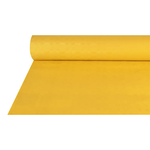 Eine teilweise abgerollte Rolle Papiertischtuch mit Damastprägung (50 m x 1 m) der PAPSTAR GmbH liegt auf einem weißen Untergrund und präsentiert ihre glatte, feste Textur – ideal für festliche Anlässe.