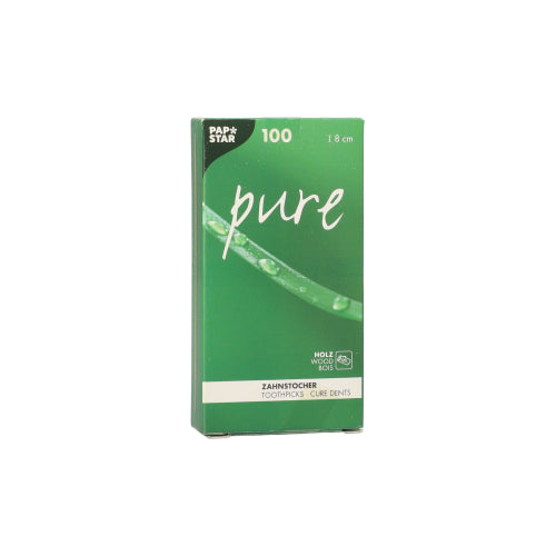 Die grüne PAPSTAR „pure“-Box enthält 100 runde Holzzahnstocher (à 8 cm) in einer umweltfreundlichen Faltschachtel mit einem Grashalm mit Wassertropfen. Marke: PAPSTAR GmbH.