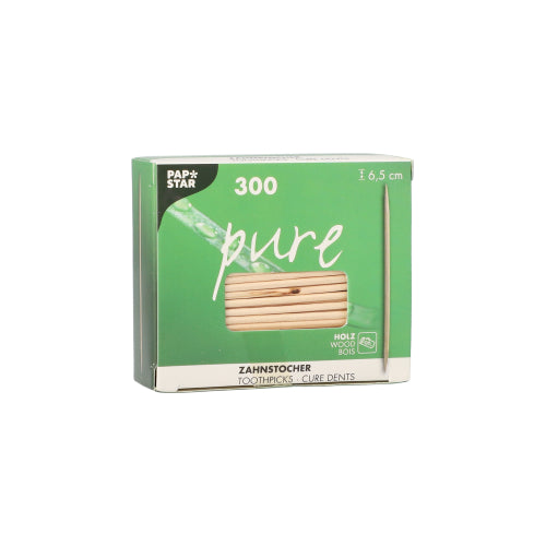 Eine grüne PAPSTAR-Box mit der Aufschrift „pure“ enthält 300 runde Zahnstocher aus Holz mit einer Länge von jeweils 6,5 cm und einem transparenten Fenster zur Anzeige des Inhalts und der Markenverpackungsdetails.