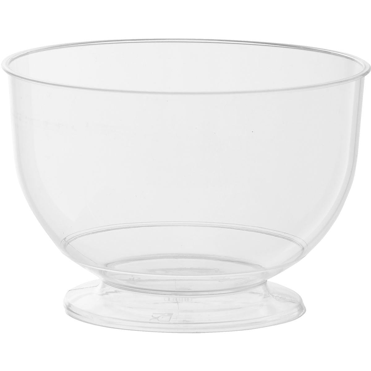 Eine klare, runde Dessertschale Crystallo Transparent PS der Duni GmbH (Packung: 20 Stück) mit breitem Rand und kurzem Boden steht vor einem schlichten weißen Hintergrund.