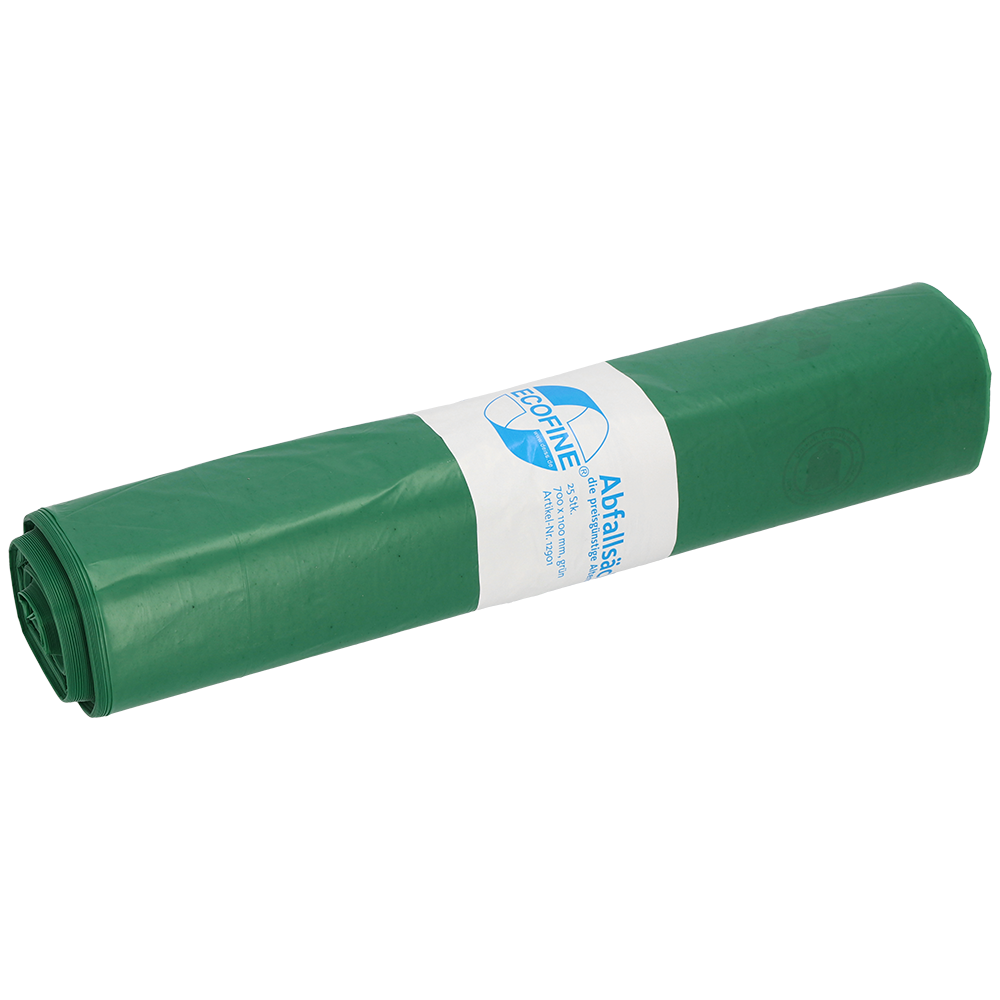 Eine Rolle DEISS Abfallsäcke 700x1100 mm, 120 l aus Recycling-LDPE/LLDPE von EMIL DEISS KG (GmbH + Co.), umweltfreundliche Müllbeutel, liegt auf weißem Hintergrund.