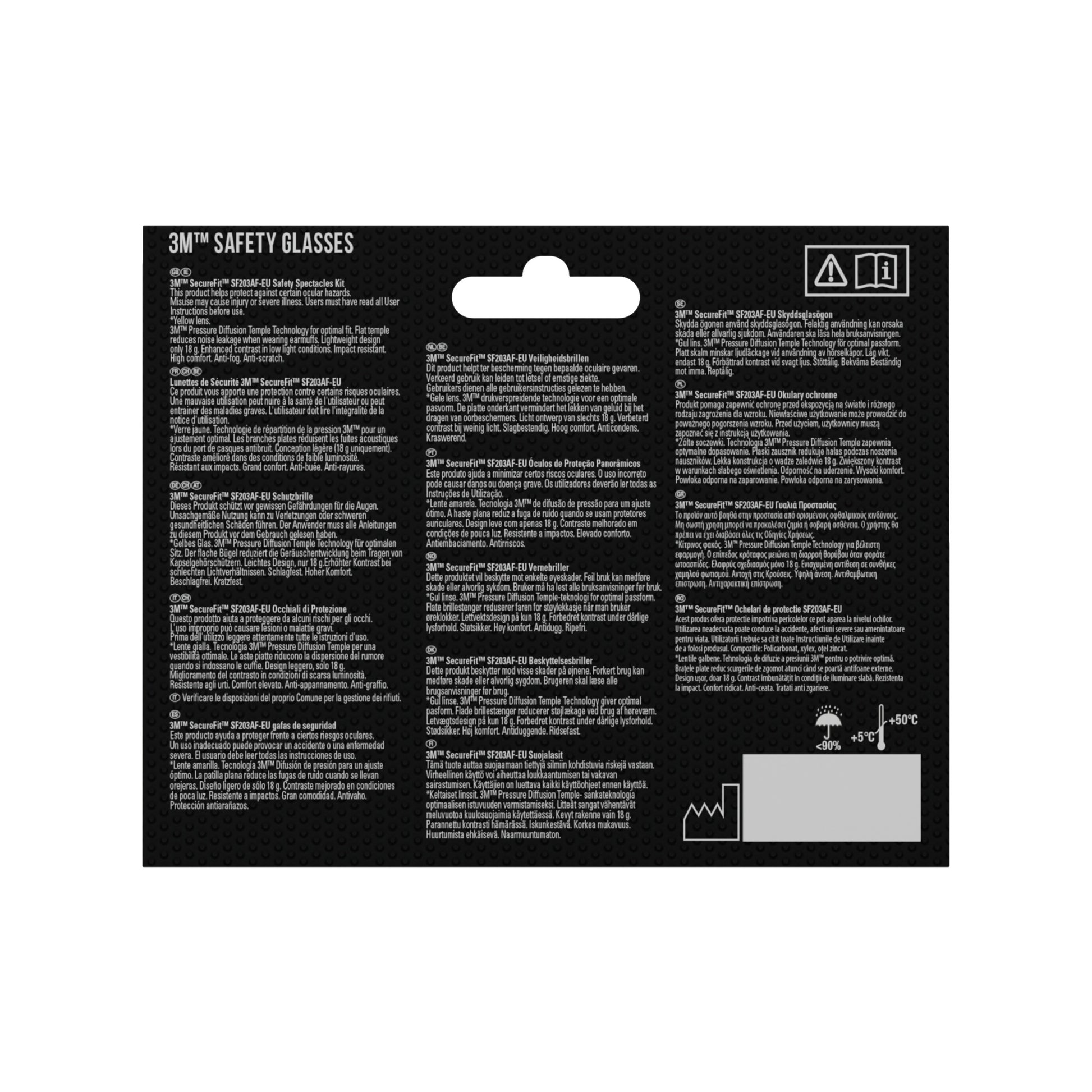 Rückseite einer 3M™ SecureFit™ Schutzbrille 200-Verpackung der 3M Deutschland GmbH mit Produktdetails, Anleitungen und Warnhinweisen in mehreren Sprachen; in der rechten oberen und unteren Ecke befinden sich Symbole und ein Diagramm.