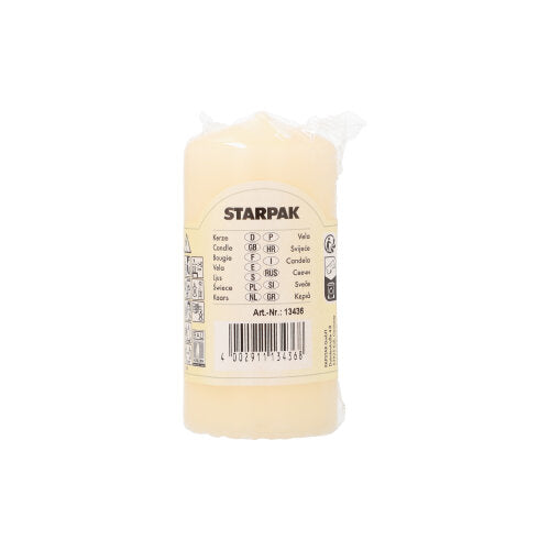 Eine weiße Starpak Stumpenkerze mit extra langer Brenndauer (Ø 50 mm, 100 mm) steht aufrecht mit einem Etikett mit der Aufschrift „Kerze“ in verschiedenen Sprachen, einem Barcode und Produktdetails.