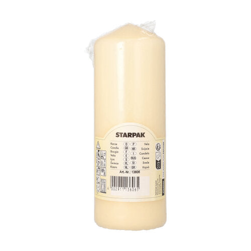 Eine zylindrische, cremeweiße Starpak Stumpenkerze (Ø 60 mm, 165 mm) mit extra langer Brenndauer, verpackt in transparenter Folie. Das Etikett trägt den Schriftzug „Starpak“ und mehrsprachige Produktdetails.