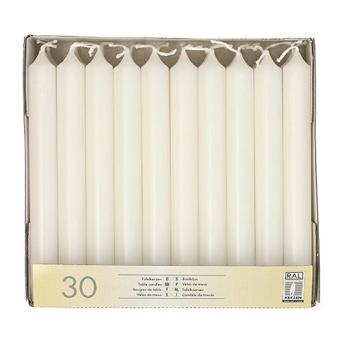 Die Starpak 30 Tafelkerzen Ø 2,1 cm · 19,6 cm sind hochwertige Wachs-Tafelkerzen, aufrecht in drei Reihen in einer Pappschachtel mit einem Etikett mit der Aufschrift „30“ und Symbolen für Sicherheit und Qualität – ideal für festliche Tischdekoration.