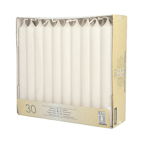 Eine Schachtel mit 30 Starpak Tafelkerzen (Ø 2,1 cm, 19,6 cm) aus hochwertigem Wachs, vertikal in transparenter Kunststoffverpackung mit beige-weißer Kennzeichnung – ideal für festliche Tischdekoration.
