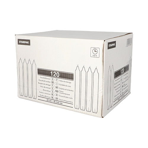 Eine weiße Starpak-Box mit der Aufschrift „Starpak 120 Haushaltskerzen mit Dornloch Ø 2,45 cm · 20 cm weiss“ enthält 120 lange Haushaltskerzen, ist mit schwarzem Text, Kerzenstrichzeichnungen, Dornloch für Halter und Produktabmessungen versehen.
