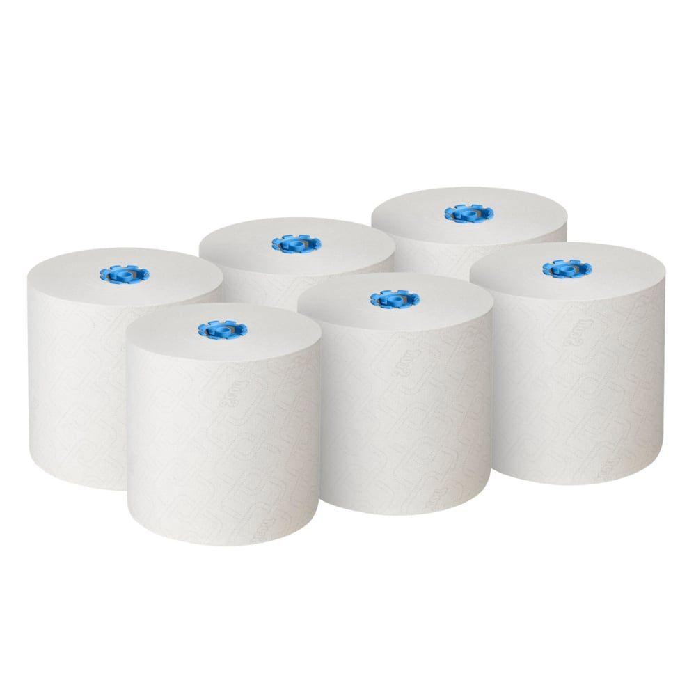 Six Scott® Essential™ Rollenhandtücher 6638 Großrolle 1-lagig von Kimberly-Clark GmbH sind in zwei Reihen zu je drei auf weißem Hintergrund angeordnet. Die EU Ecolabel-zertifizierten Handtuchrollen bestehen aus Airflex Technologie.