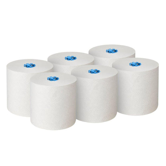 Six Scott® Essential™ Rollenhandtücher 6638 Großrolle 1-lagig von Kimberly-Clark GmbH sind in zwei Reihen zu je drei auf weißem Hintergrund angeordnet. Die EU Ecolabel-zertifizierten Handtuchrollen bestehen aus Airflex Technologie.