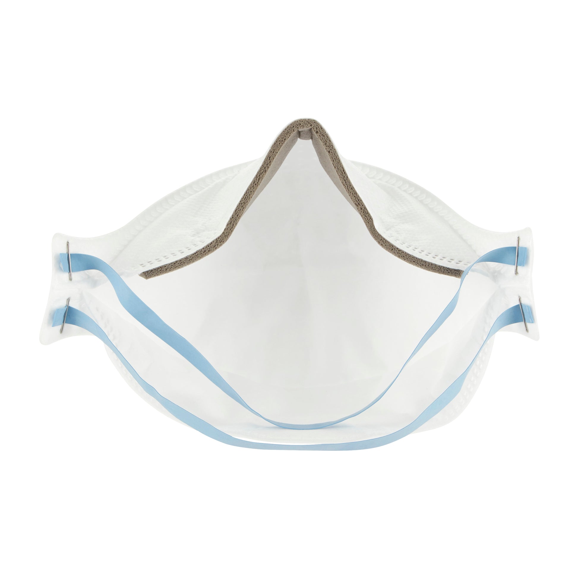 Die 3M™ Aura™ Komfort-Partikelmaske 9320+, FFP2, ohne Ventil (1 Stück, 3M Deutschland GmbH) ist eine weiße Einweg-Gesichtsmaske mit blauen Ohrbügeln, die von vorne gezeigt wird, um ihre innere Oberfläche und Struktur zu zeigen.